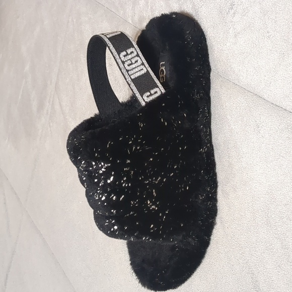 UGG Shoes - ugg fluff yeah metallic sparkle slides black silver women's size 5.5
